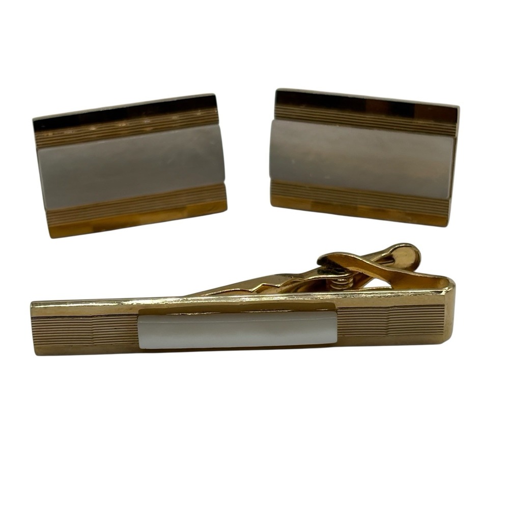Vintage Swank Cufflinks Tie Bar Set Gold Tone Metal Mother Of Pearl Rectangle